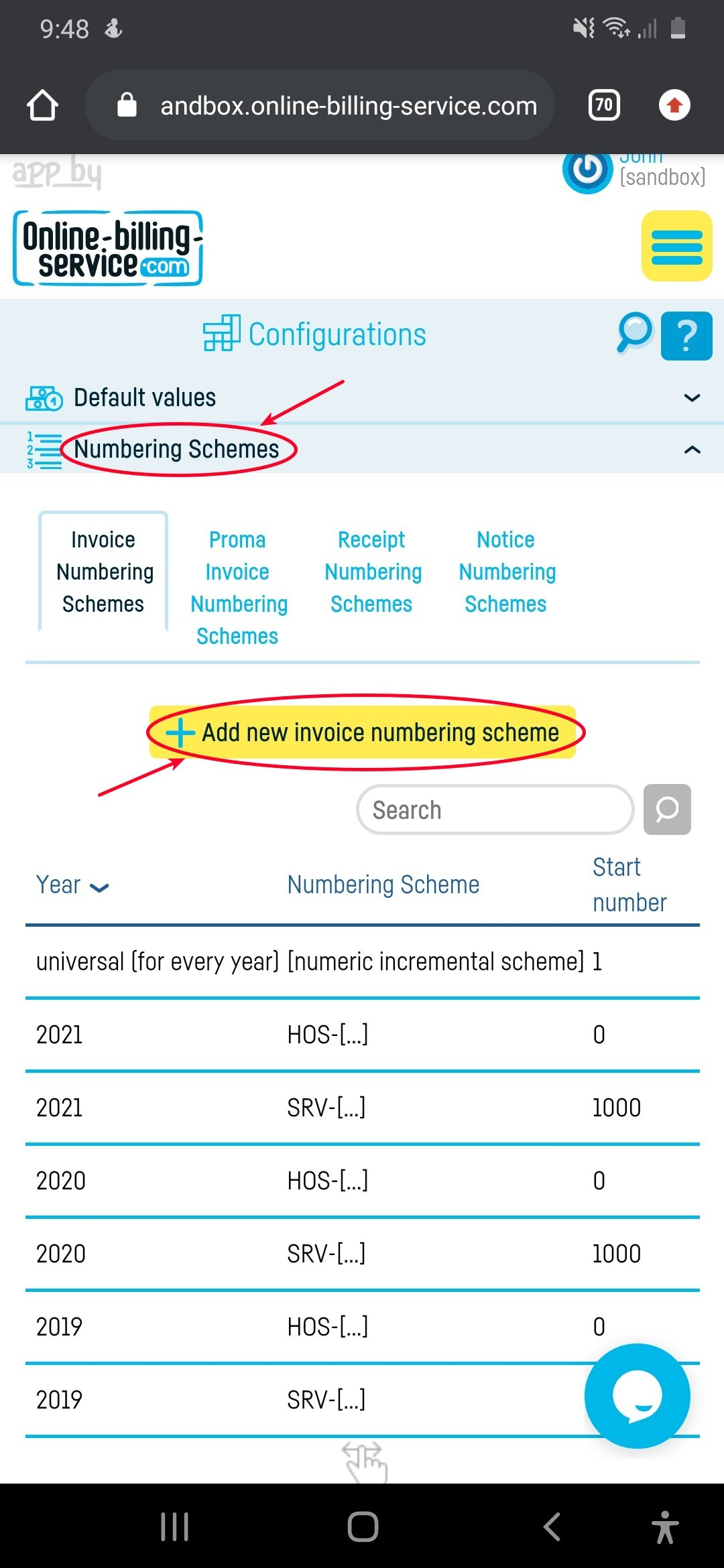 How do I add an invoice numbering scheme? - step 2