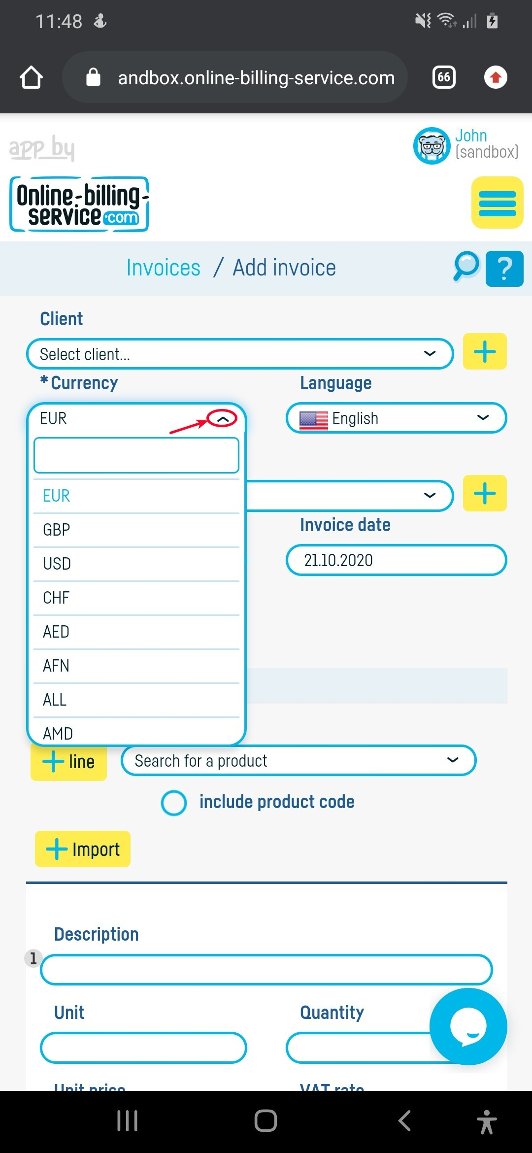 How do I add an invoice in foreign currency? - step 1
