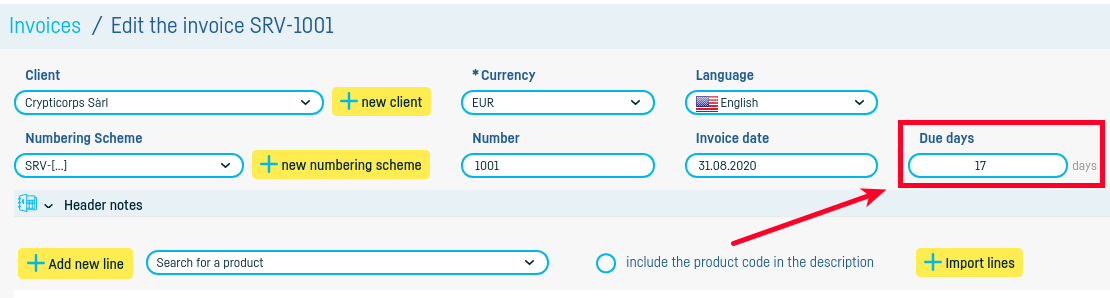 How do I change the invoice due term? - step 1