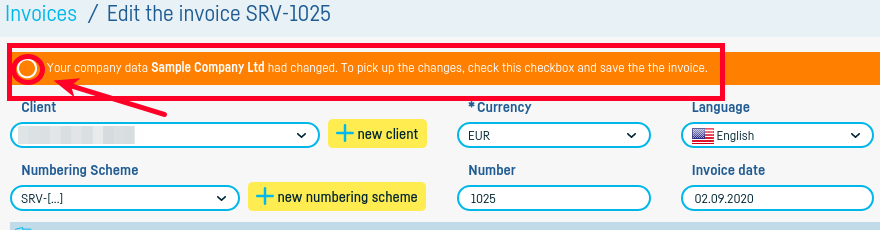 How do I change the data from a saved invoice? - step 1