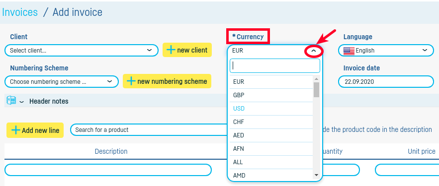 How do I add an invoice in foreign currency? - step 1
