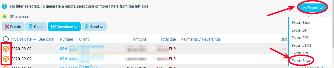How do I export a group of invoices to SAGA? - step 3