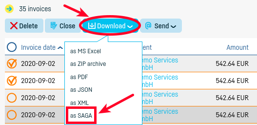 How do I export a group of invoices to SAGA? - step 4
