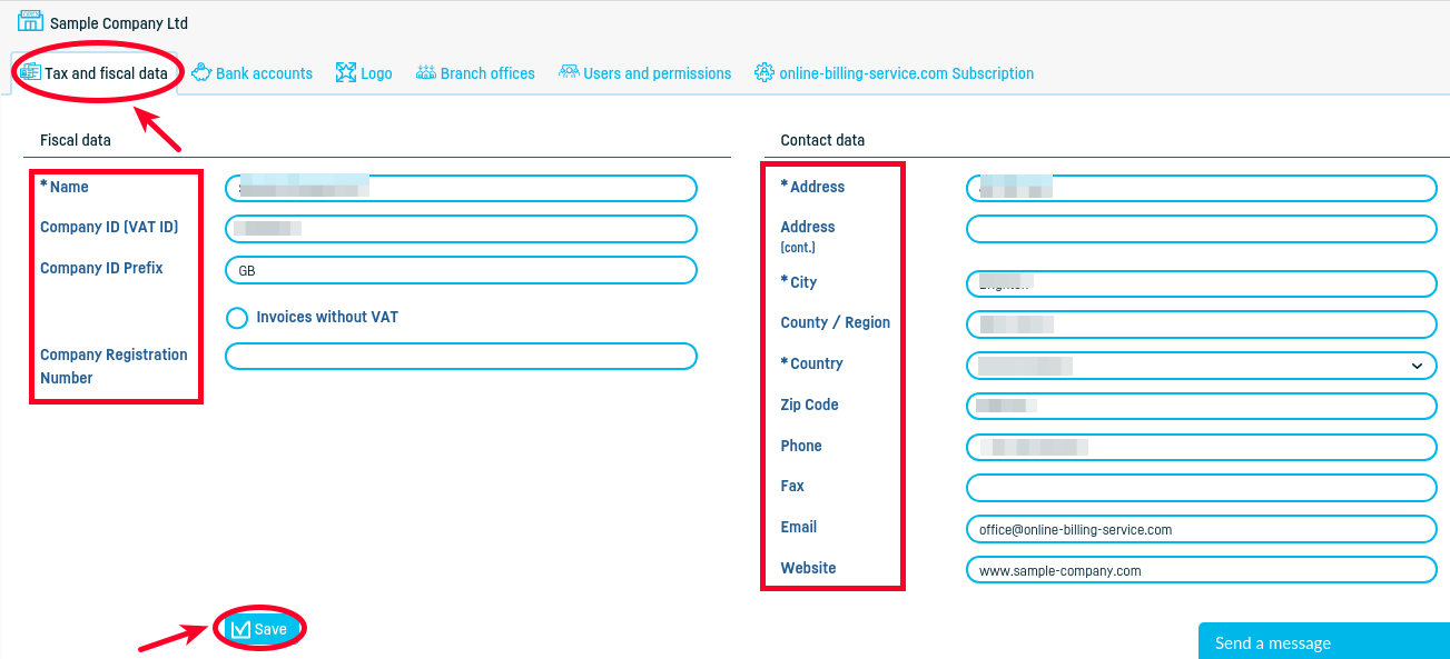 How do I change the company data? - step 2