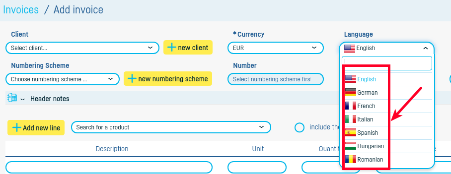 How do I issue an invoice in a foreign language? - step 1