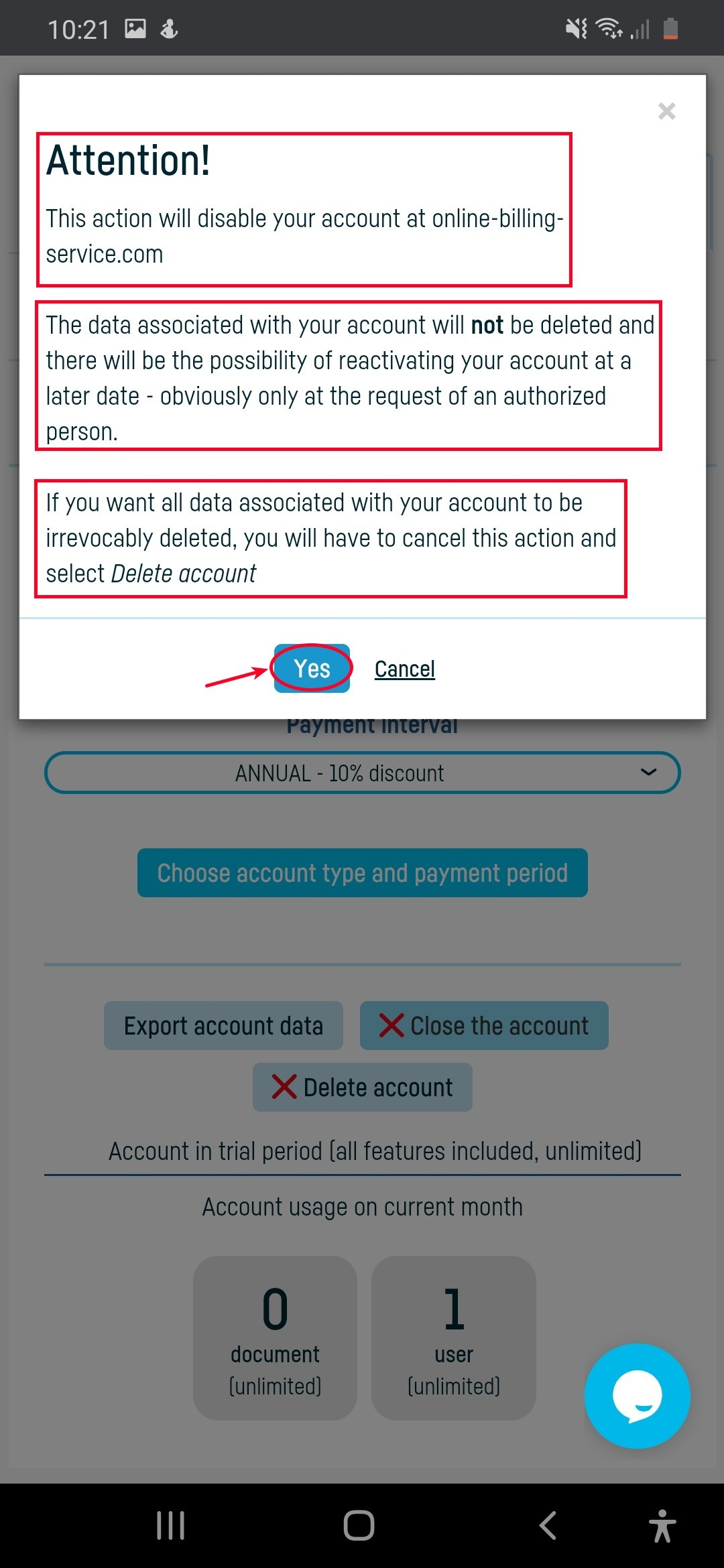 How do I close my account at online-billing-service? - step 3