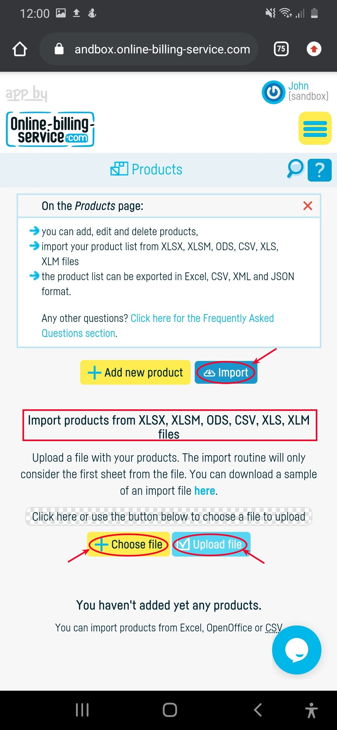 How do I import a product or services list? - step 2