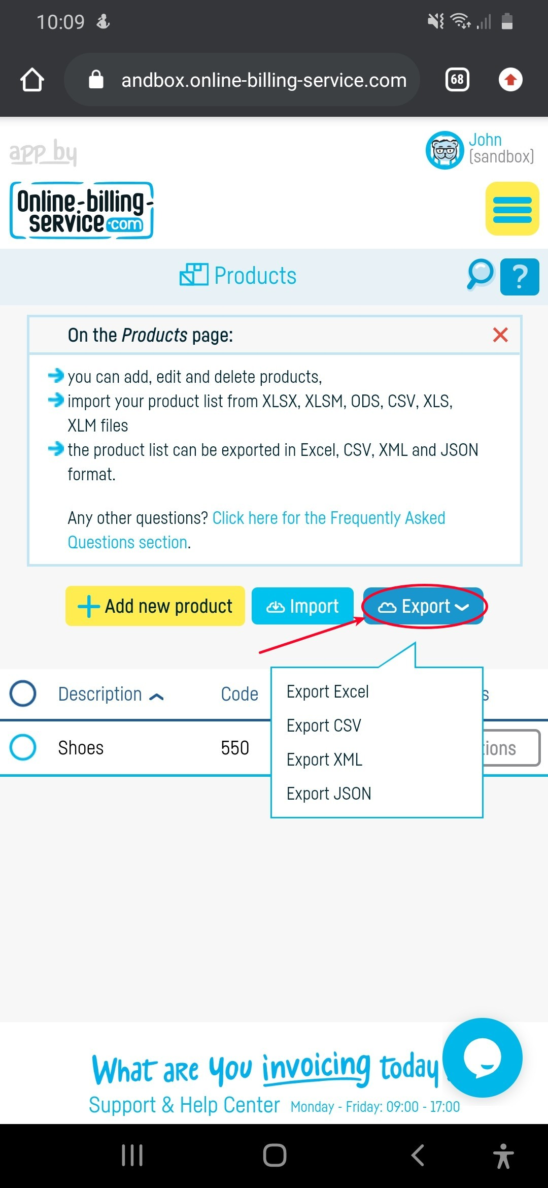 How do I export a products / services list? - step 2
