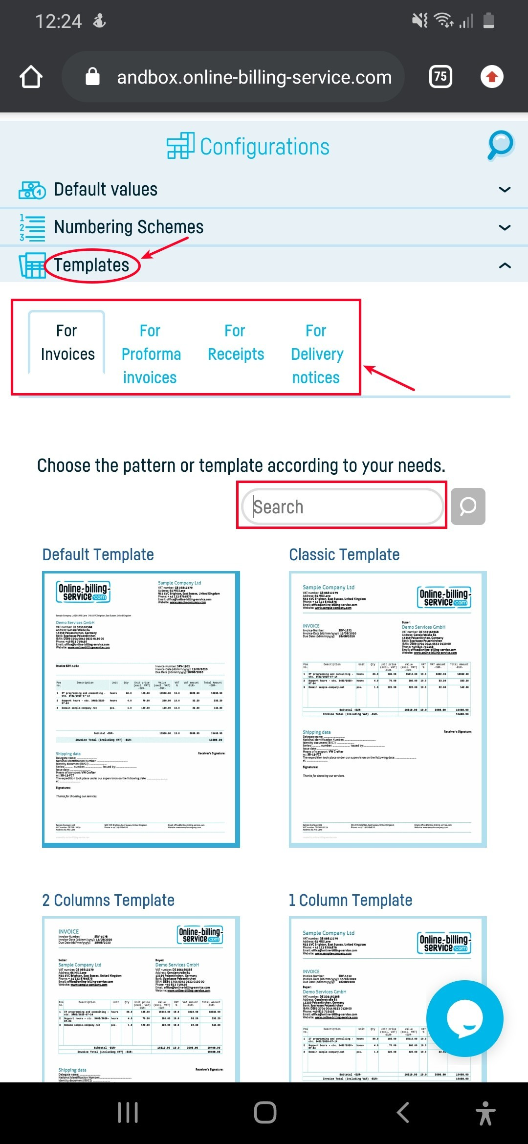 How do I set a default invoice template? - step 2