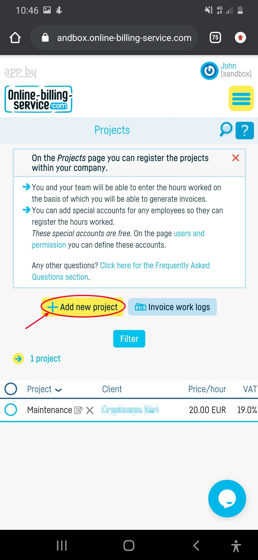 How do I add a work log project? - step 2