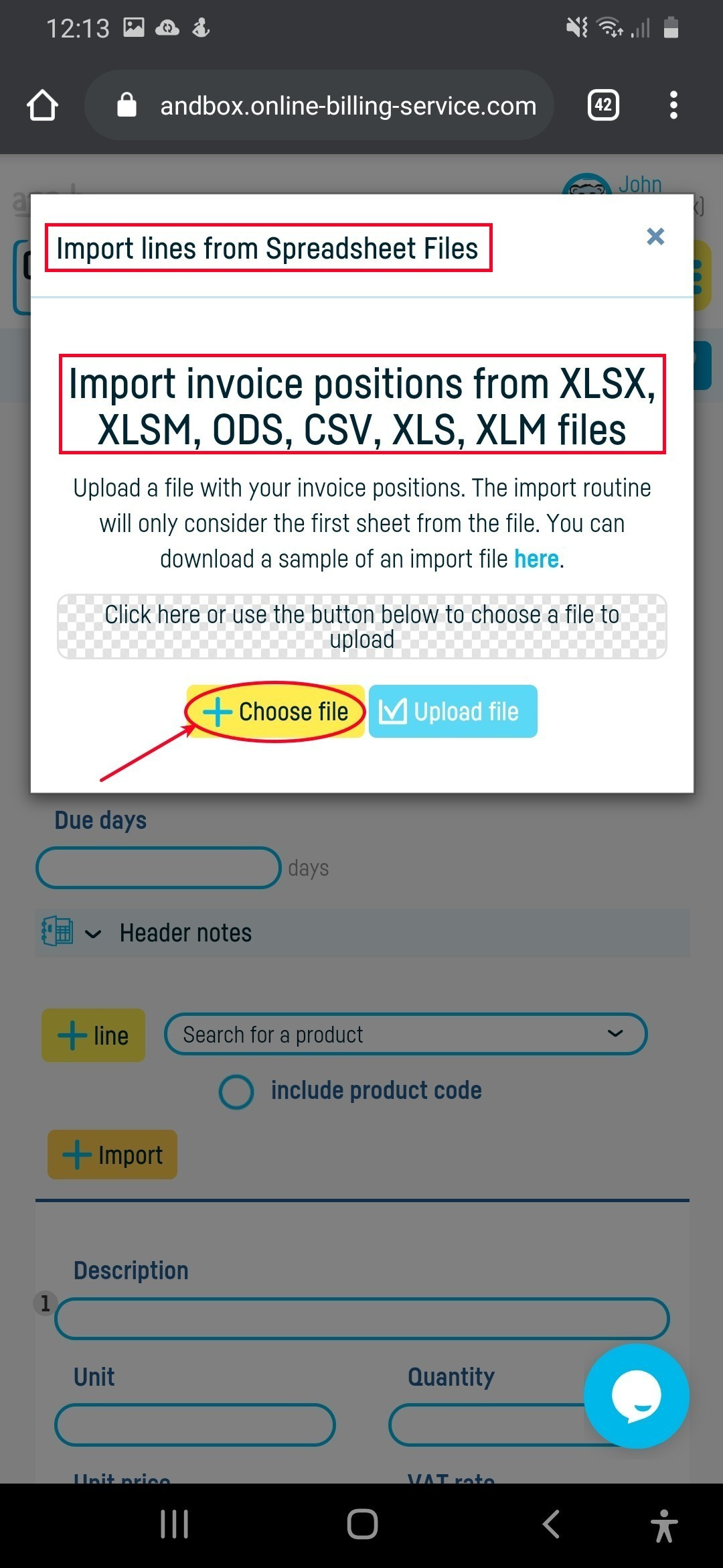 Import lines from documents into your invoice - step 2