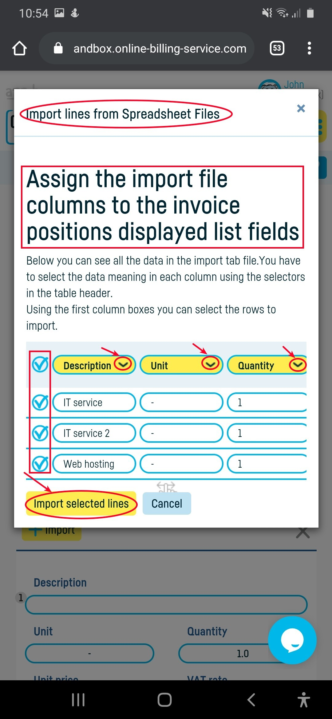 Import lines from documents into your invoice - step 4