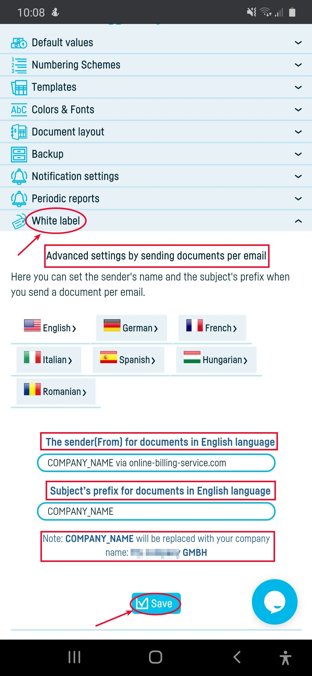 Advanced settings for sending documents by email - step 2