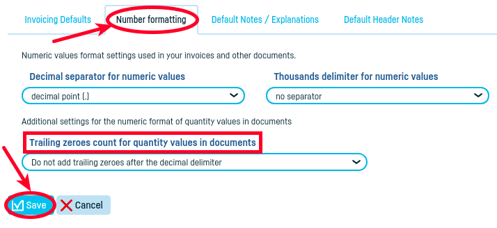 Numeric format of quantity values in documents - step 3