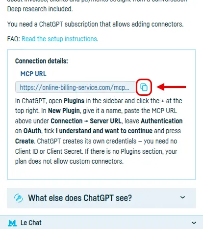 The Integrated services → ChatGPT page, with the MCP URL and its copy button