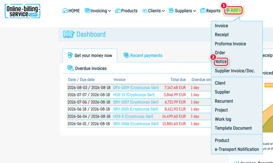 How do I generate an invoice from a notice? - step 1