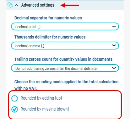 Advanced settings in the invoice form, with 'Rounded by missing (down)' selected as the rounding mode for the total without VAT