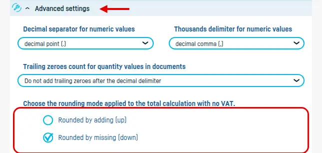 Advanced settings in the invoice form, with 'Rounded by missing (down)' selected as the rounding mode for the total without VAT