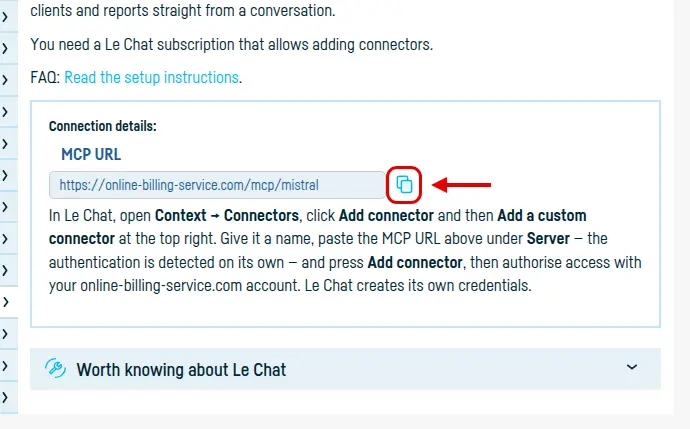 The Integrated services → Le Chat page, with the MCP URL and its copy button