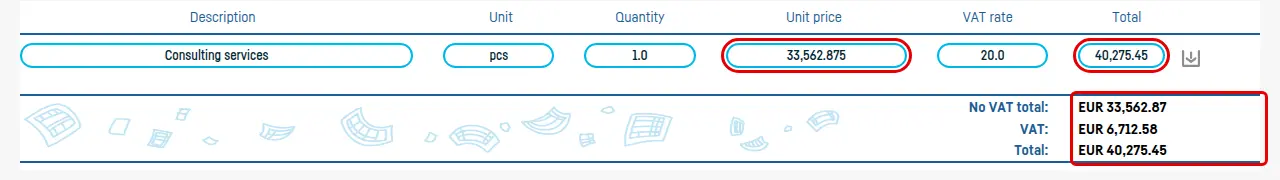 Invoice line typed as a total of 40,275.45 at 20% VAT: unit price 33,562.875, total without VAT 33,562.87, VAT 6,712.58, total 40,275.45