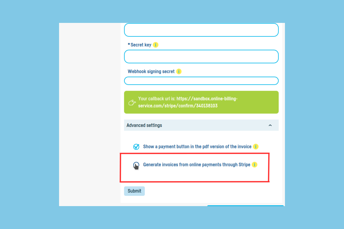 Stripe online billing integration