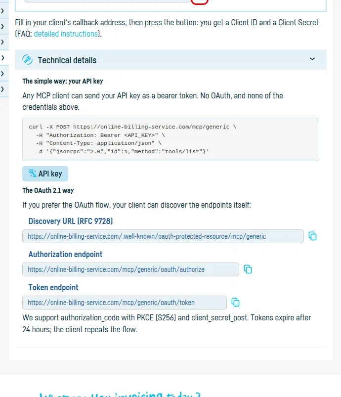 The technical details: the curl example with the API key, and the OAuth endpoints