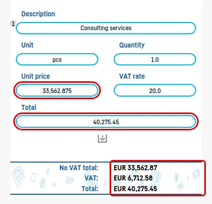 Invoice line typed as a total of 40,275.45 at 20% VAT: unit price 33,562.875, total without VAT 33,562.87, VAT 6,712.58, total 40,275.45