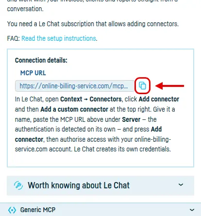 The Integrated services → Le Chat page, with the MCP URL and its copy button