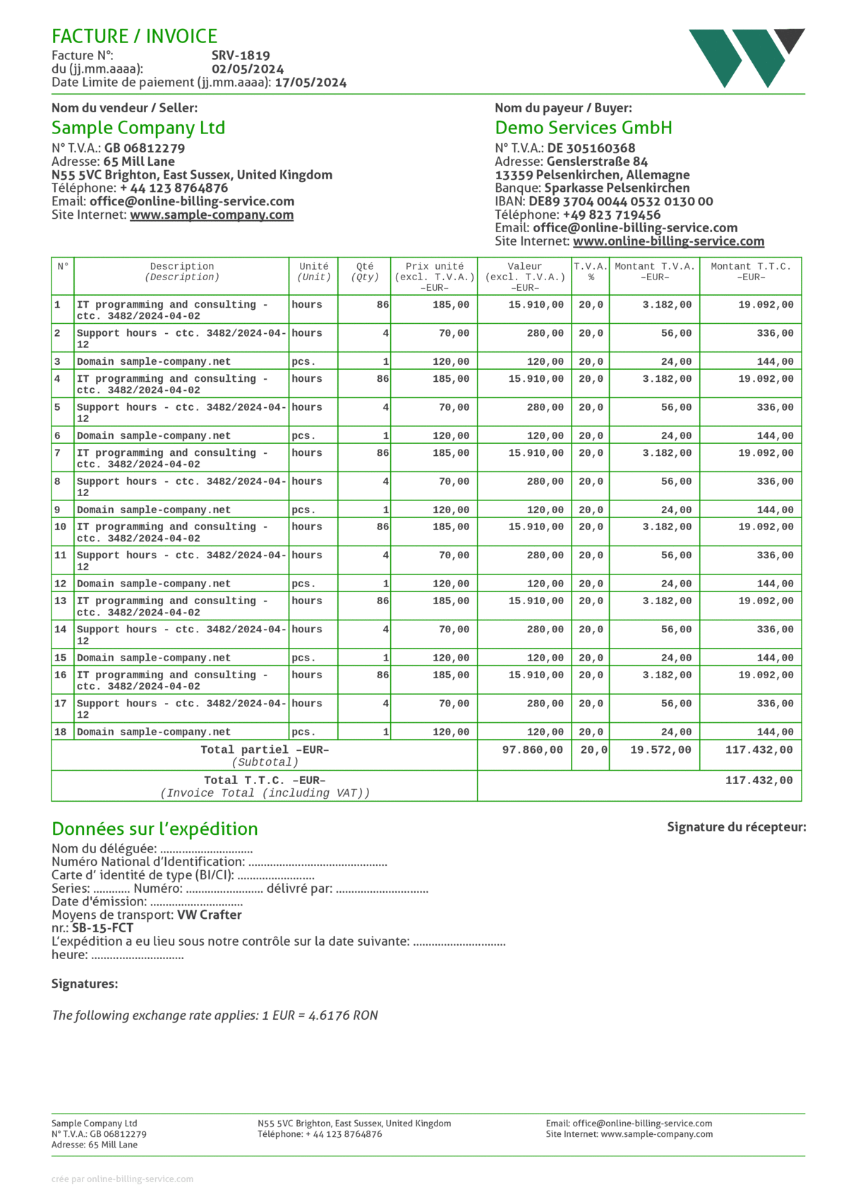 Invoice with long lists template, EUR, French