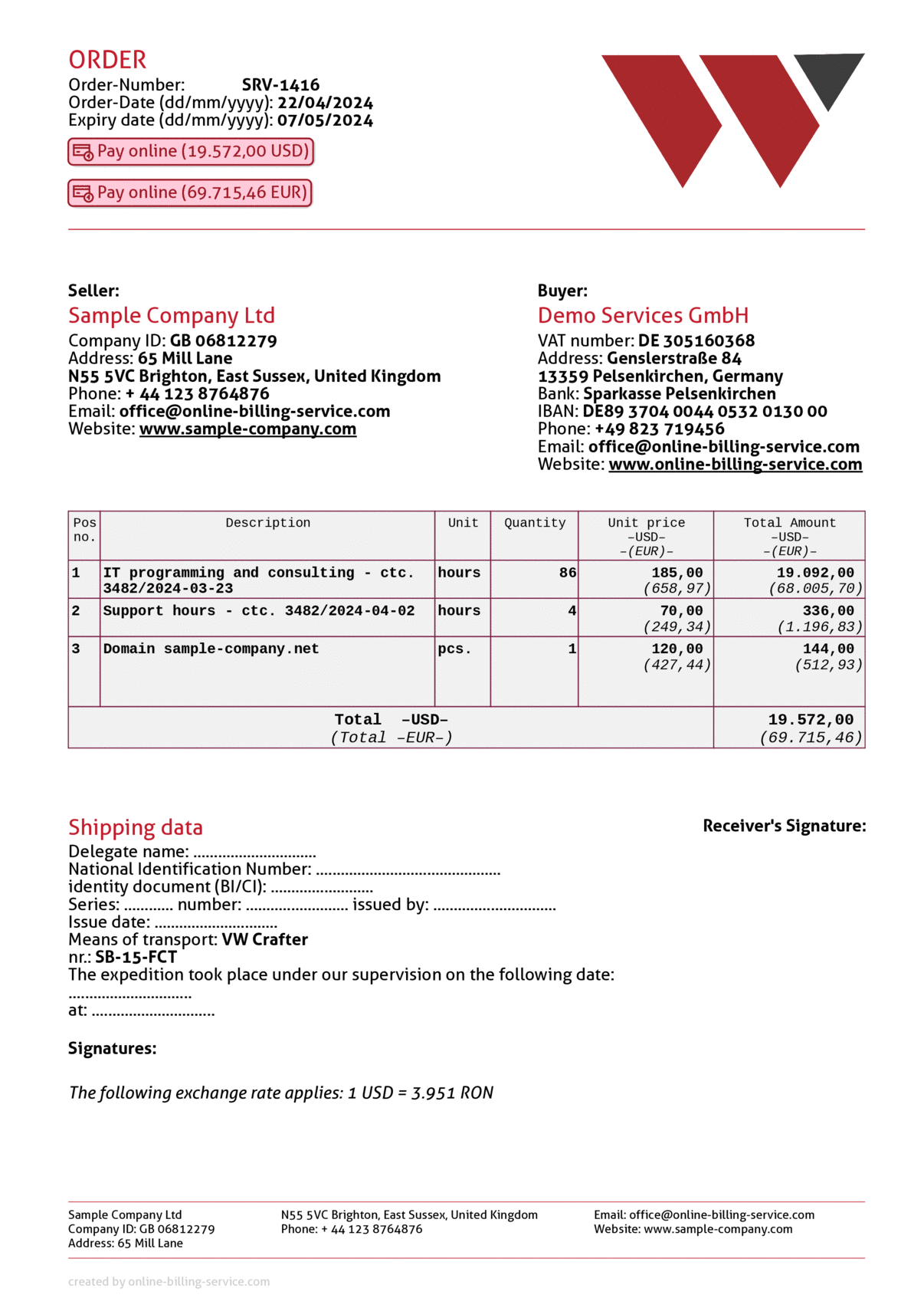 Order without VAT, USD + EUR, English