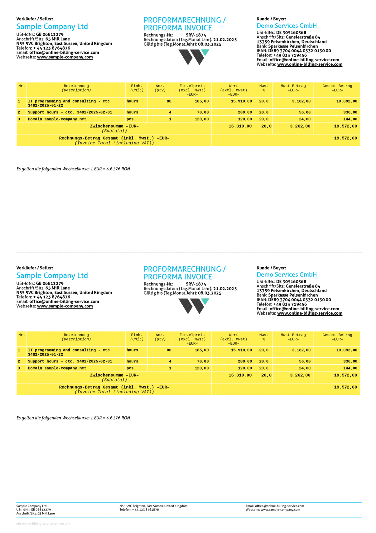 Proforma Invoice 2x on A4, EUR, German