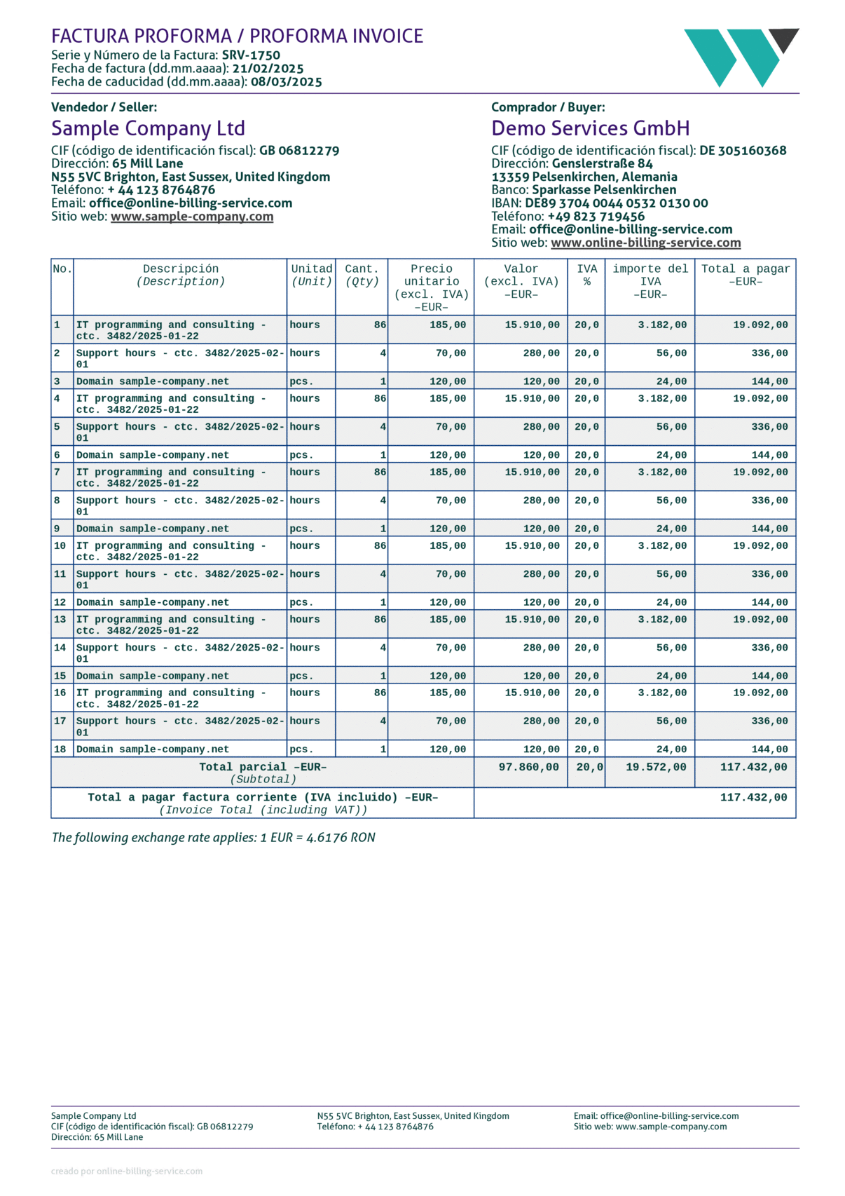 Proforma Invoice with long lists template, EUR, French