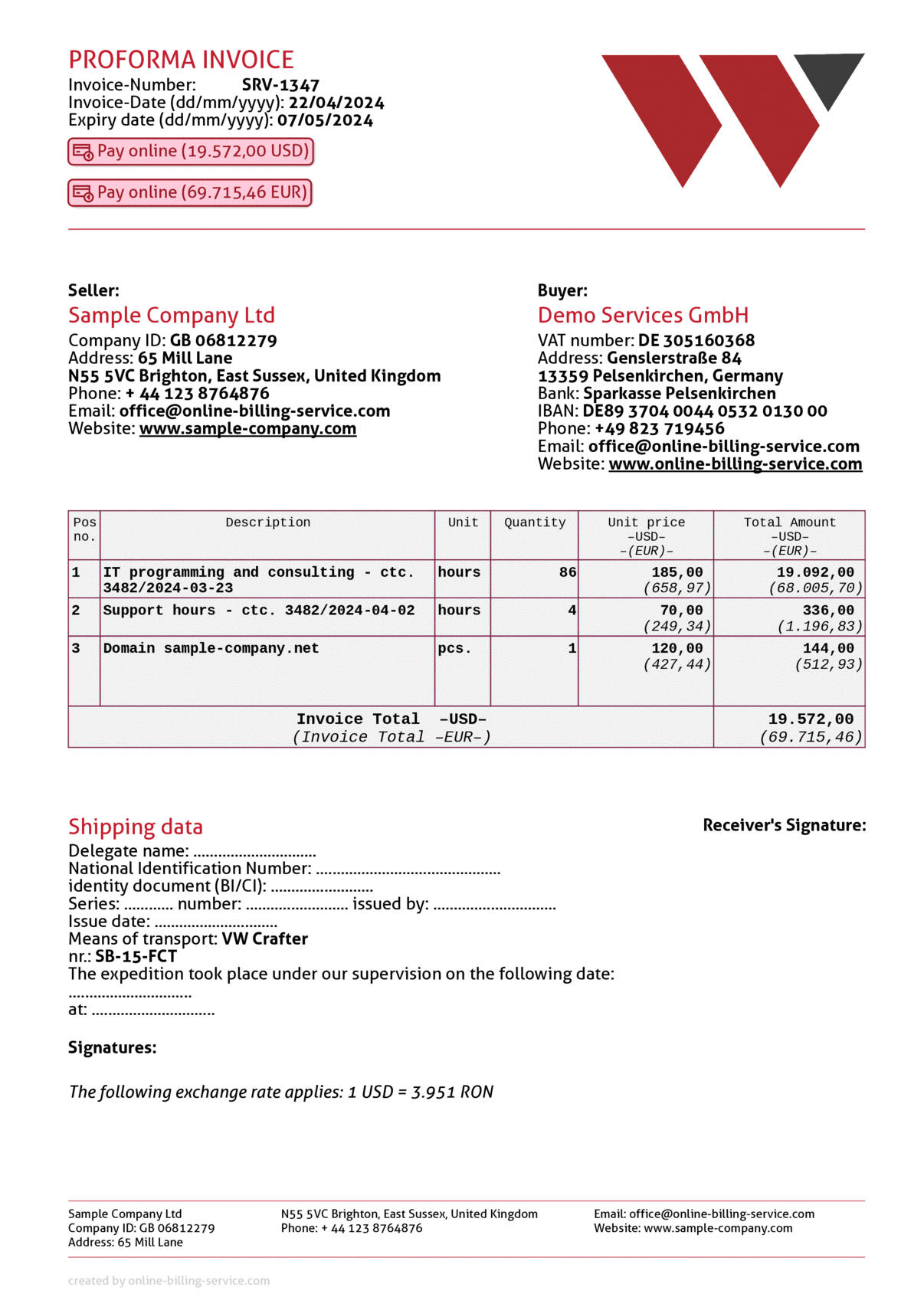 Proforma Invoice without VAT, USD + EUR, English